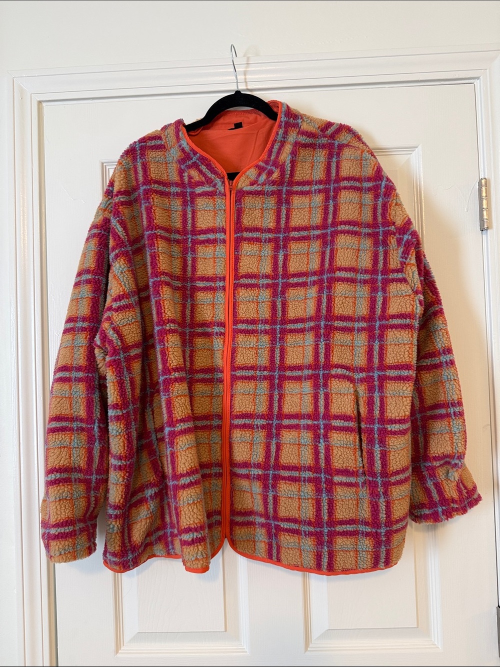 DAVI & DANI Orange and Pink Plaid Sherpa Zip Jacket